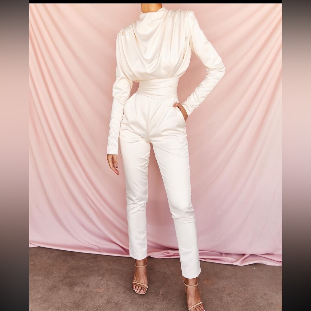 House of CB Gabrielle Ivory Draped Ruched Satin Jumpsuit